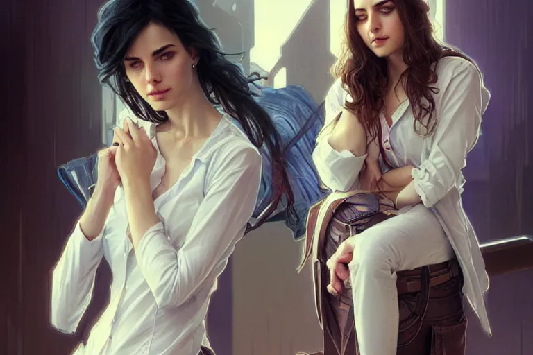 Prompt: Anxious pretty pale young arabian doctor wearing jeans at the airport, portrait, elegant, intricate, digital painting, artstation, concept art, smooth, sharp focus, illustration, art by artgerm and greg rutkowski and alphonse mucha