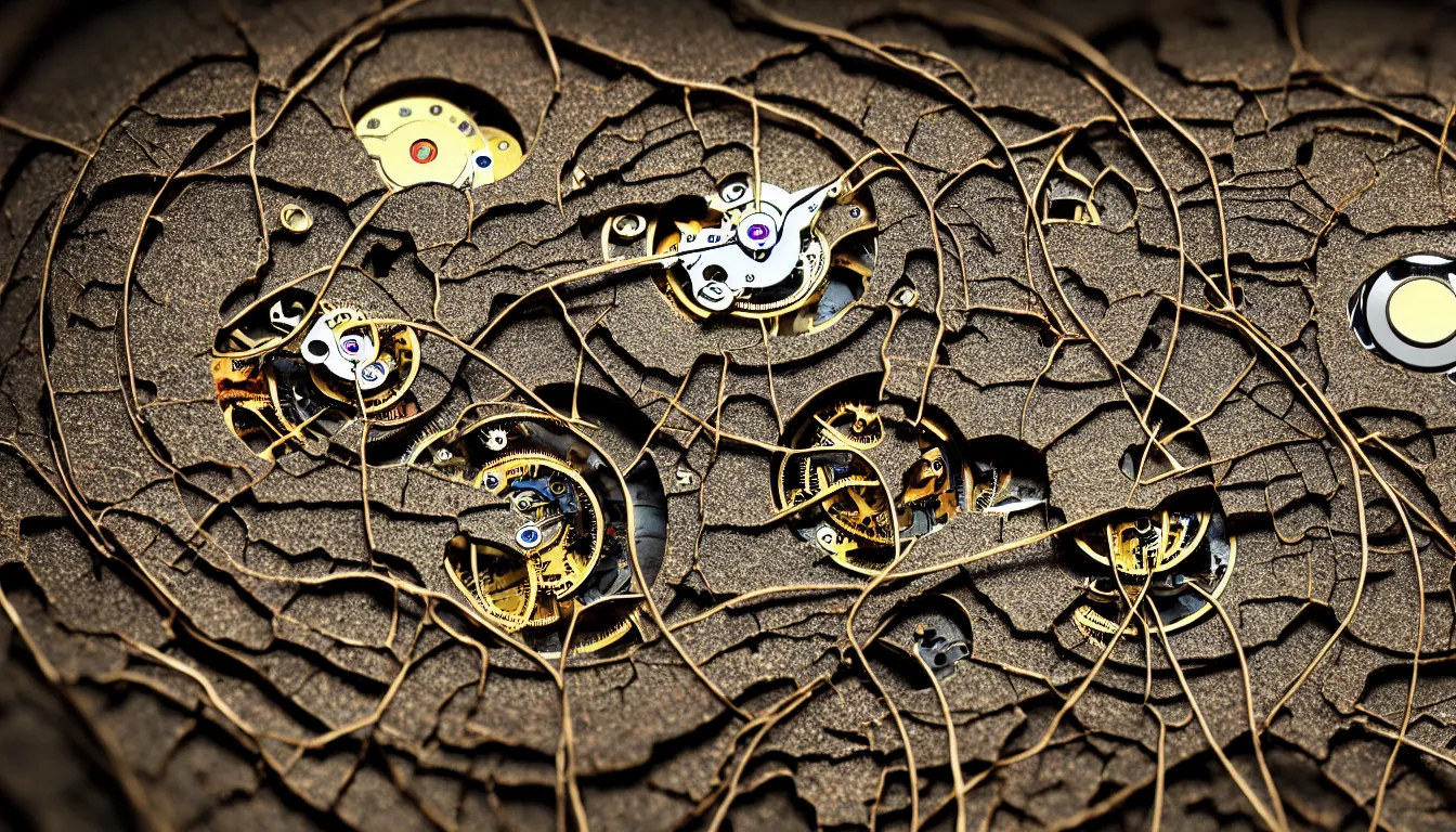 Image similar to detailed view from inside a clockwork watch, entangled roots, cracked earth, living microorganisms, decaying, hyper realistic photo, full colour, upscale, 8 k