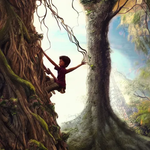 Prompt: a child climbing beautiful giant tree growing in the middle of an ancient Victorian library. hard lighting, 4K, high fantasy art, ultra-realistic