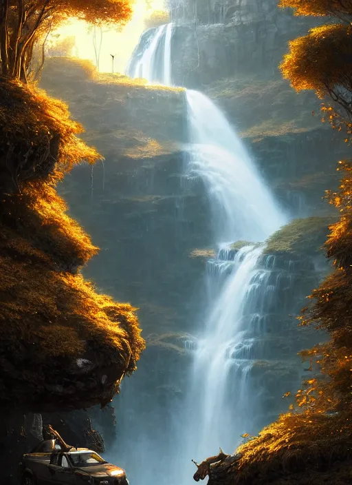 Image similar to detailed intricate digital illustration by greg rutkowski and artgerm and wlop and sanford robinson gifford ; 2 0 0 4 vehicle, shimmering waterfall in background ; 1 3 mm film, arri alfa anamorphic lens ; sharp focus, golden hour lighting, trending on artstation 4 k ; close view