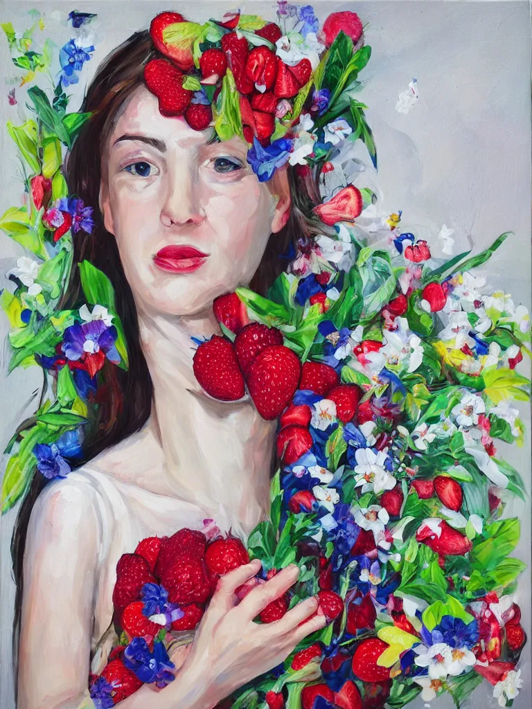 Image similar to “organic, portrait of a woman wearing white silk, neoexpressionist, eating luscious fresh raspberries and strawberries and blueberries, edible flowers, acrylic and spray paint and oilstick on canvas”