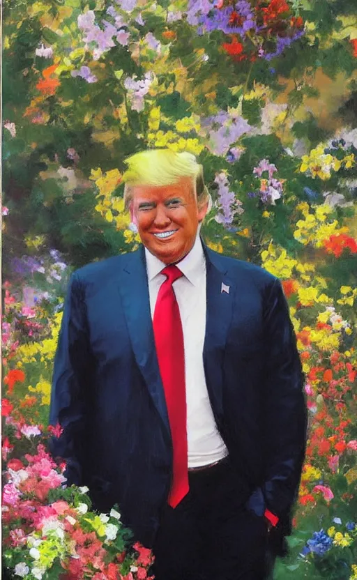 Image similar to romantic portrait of donald trump in an elegant dress surrounded by beautiful flowers, by gregory manchess, james gurney, james jean