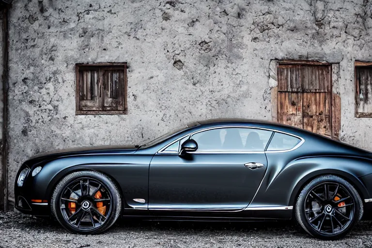 Image similar to modern rusty matte Bentley Continental GT without gloss no reflections drives along the road of an old Russian village with houses at the edges