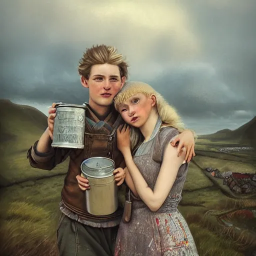 Image similar to a highly detailed portrait of a young couple from the side, holding a tin can, renote icelandic village, summer, blonde hair, muted colors, joy, by tom bagshaw, trending on artstation,