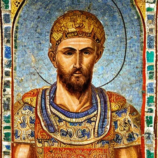 Prompt: Emperor Justinianus in the Basilica of San Vitale, 547 AD; in Ravenna - Mosaics (late Roman and Byzantine architecture), Emilia-Romagna - Northern Italy. UNESCO World Heritage Site