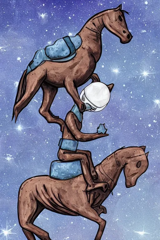 Prompt: horse sits on a lying astronaut, highly detailed