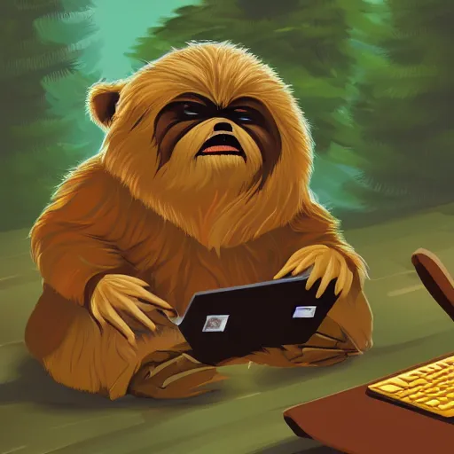 Prompt: studious ewok typing on a computer in the forest, artstation, colorful