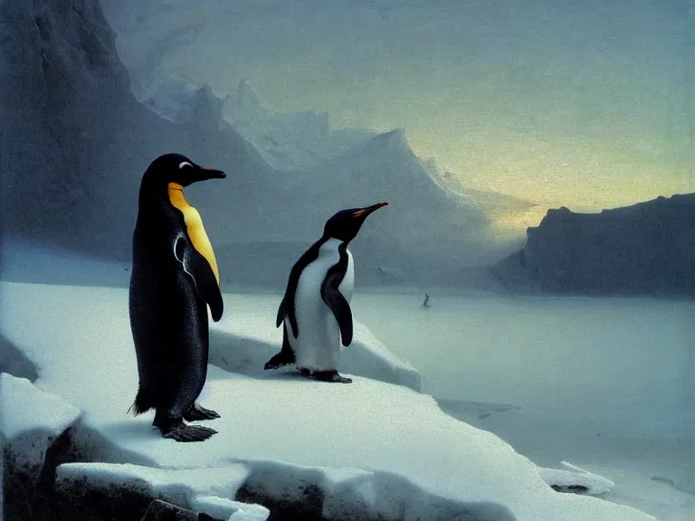 Prompt: an oil painting of a penguin next to a frozen ocean and a misty glacier at dawn. by beksinski tuomas korpi moebius and carl spitzweg. baroque elements. intricate artwork by caravaggio. oil painting. oil on canvas. award winning. dramatic. trending on artstation. 8 k