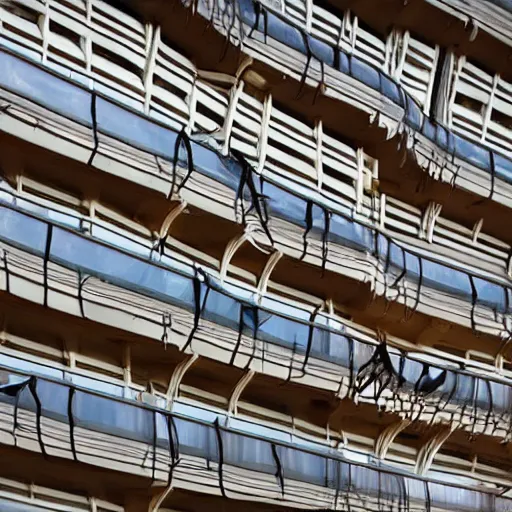 Image similar to some dwarfs are making some backward somersault from a balcony, close up photography