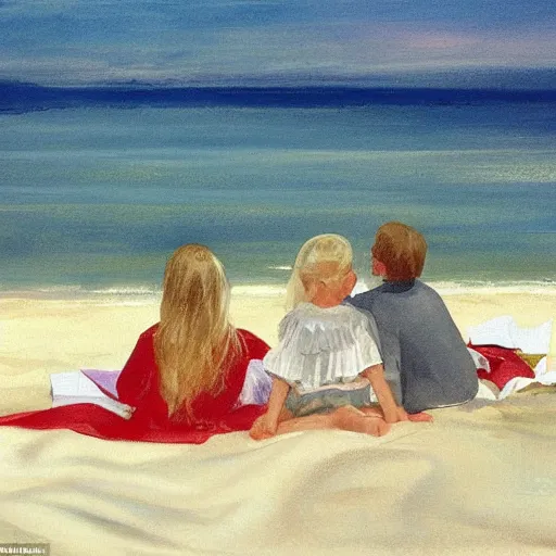 Image similar to a nine year old blonde girl and her two parents sit on a blanket at the beach and watch through sun go down in the style of anders zorn