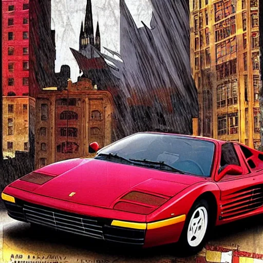 Prompt: a red ferrari testarossa in front of gothic architecture, gotham city, magazine collage style by nc wyeth and daniel mumford