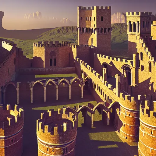 Image similar to Aerial wide long shot of distant epic medieval city of epic stone-brick buildings with european arched doorways, crenellated balconies, wood ornaments, flagpoles, tiny ornate windows, planned by Syd Mead, Alpine scenery, Hyper photorealistic, Arnold Render, Quixel Megascans