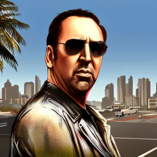 Image similar to Nic Cage in GTA V . Los Santos in the background, palm trees. In the art style of Stephen Bliss