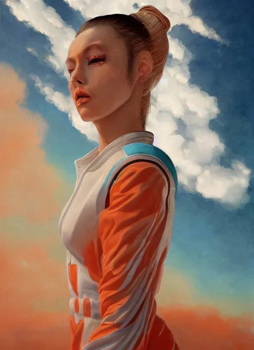 Prompt: symmetry!!! closeup portrait! of a samurai racer girl, fashion white jumpsuit, shoulder pads, in clouds, cinematic light, windy, teal orange, volumetric smoke, by gerald brom, by mikhail vrubel, by peter elson, muted colors, extreme detail, trending on artstation, 8 k