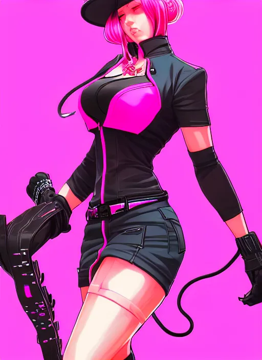 Prompt: female boss, wide angle view, neon pink and black color scheme, highly detailed, artgerm, cushart krenz, king of fighters style, trending on artstation, soft light, sharp focus, illustration, character design, concept art