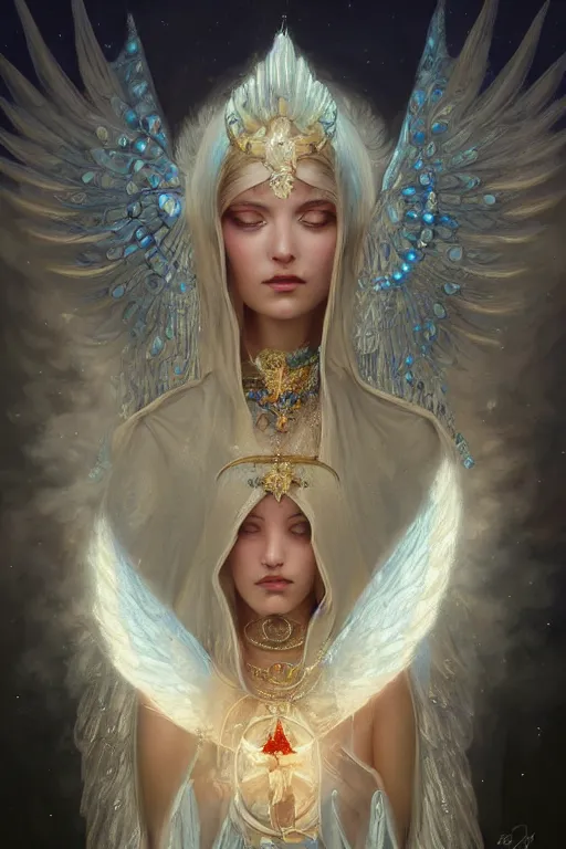 Image similar to A beautiful digital painting of a female Seraphim full of jewels, princess, the moon behind her, intricate, cinematic lighting, highly detailed, digital painting, Artstation, concept art, smooth, sharp focus, illustration, art by Tom Bagshaw, Artgerm and Greg Rutkowski