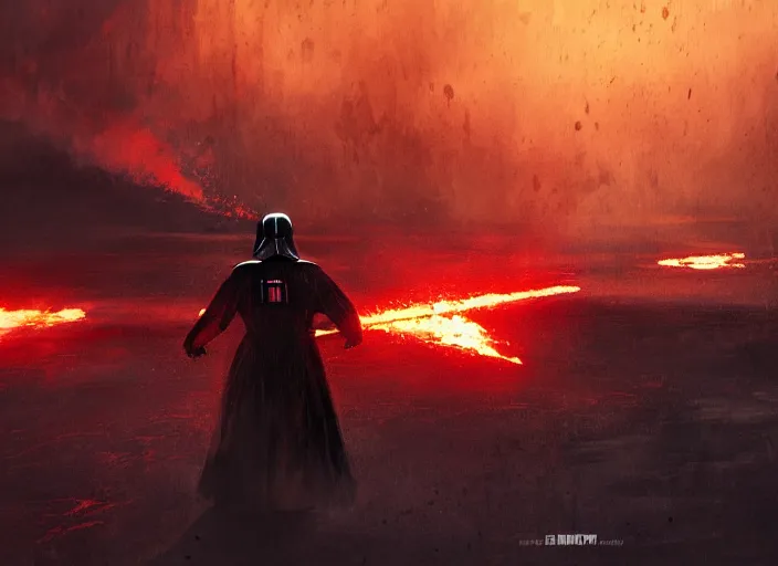 Image similar to darth vader burning on the floor, beautiful landscape, dramatic lighting, cinematic, establishing shot, night time, heavy rain, extremly high detail, photorealistic, cinematic lighting, epic fight scene, post processed, concept art, artstation, matte painting, style by greg rutkowsky