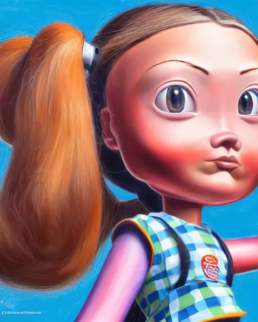 Image similar to closeup profile portrait of a tin toy greta thunberg as an anime schoolgirl, bikini, hyper realistic, artstation, illustration, nicoletta ceccoli, mark ryden, lostfish, max fleischer, digital paint, matte paint, vivid colors, bright, cheerful, detailed and intricate anime school environment