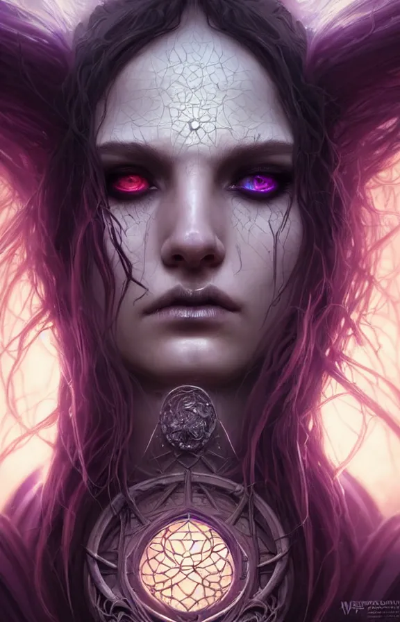 Image similar to Necromancer Sorceress face close-up macro in center, fantasy magic, undercut hairstyle, dark light night, intricate, elegant, sharp focus, illustration, highly detailed, digital painting, concept art, matte, art by WLOP and Artgerm and Greg Rutkowski and Alphonse Mucha, masterpiece