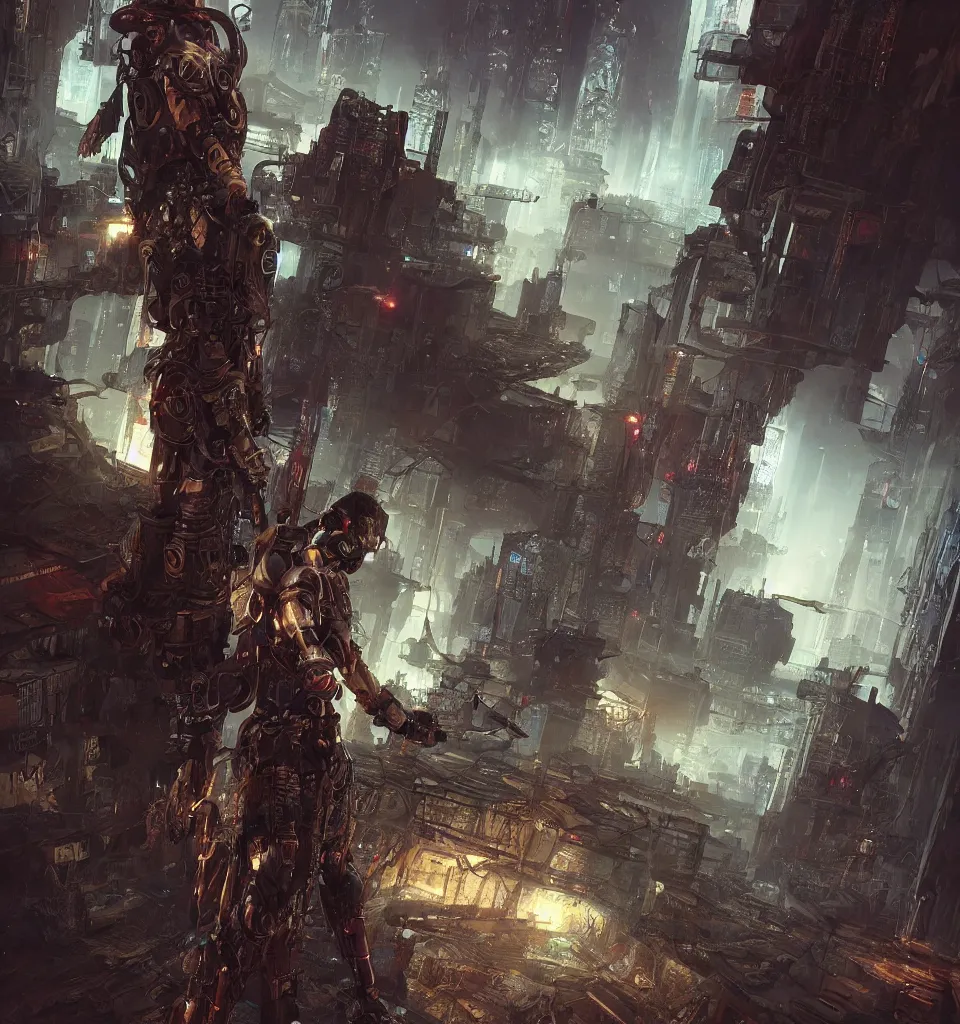 Image similar to cyberpunk gladiator, cinematic, highly detailed, octane render, cg, rich cinematic atmosphere, perfect digital art, mystical journey in strange world, Mystical, cyberpunk, tech war, sci-fi, surreal, glowing lights, sharp focus, high detailed, by Akihiko Yoshida, michael whelan and Karol Bak