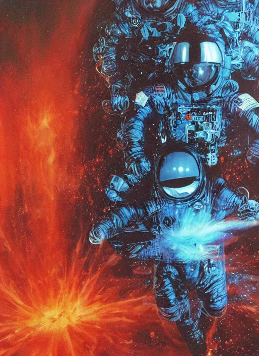 Prompt: astronauts in dark and empty void blue fire poster - complex and hyperdetailed technical suit. reflection and dispersion materials. rays and dispersion of light. volumetric light. 5 0 mm, f / 3 2. noise film photo. flash photography. ultra realistic, wide angle. poster by wayne barlowe, hajime sorayama aaron horkey, craig mullins