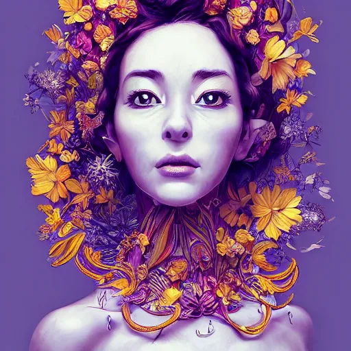 Image similar to the portrait of an absurdly beautiful, graceful, elegant mature woman made of bananas and petals looking up, an ultrafine detailed illustration by kim jung gi, irakli nadar, intricate linework, bright colors, octopath traveler, final fantasy, angular, unreal engine 5 highly rendered, global illumination, radiant light, detailed and intricate environment