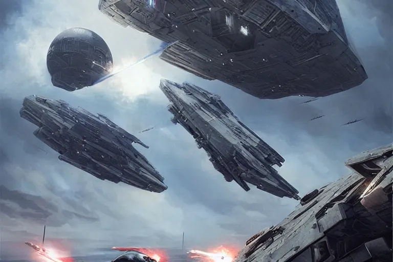 Prompt: ultra realistic, cinematic, detailed, deep focus, movie still, dramatic lighting, ray tracing, artgerm and greg rutkowski concept art for scene : the death star is rocked by explosions as the rebel fleet zooms over, unloading a heavy barrage. luke struggles to carry the enormous weight of his father's dying body toward an imperial shuttle.