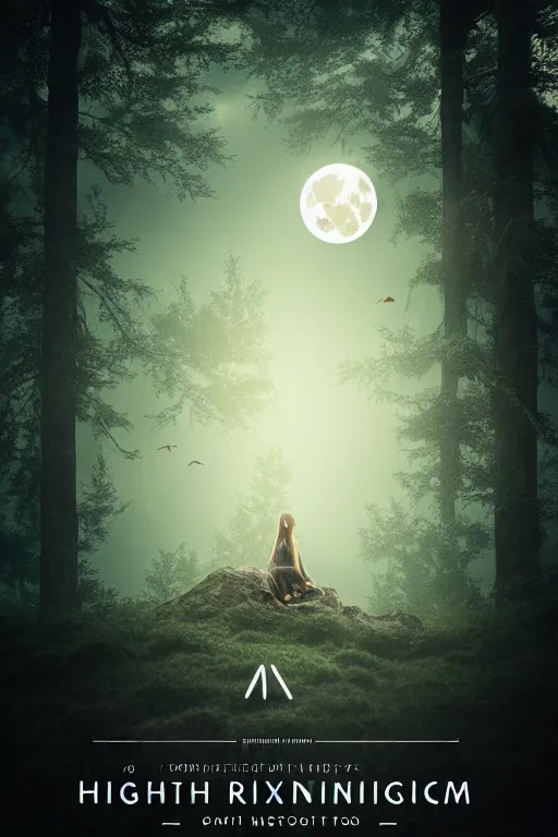 Image similar to book poster, high quality fantasy stock photo, unsplash transparent, forest and moon, intricate detail, elegant, hyper realistic, ultra detailed, octane render, volumetric cinematic lighting, 8 k post - production