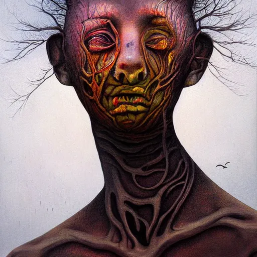 Image similar to dramatic portrait painting of sad woman with black mandelbrot fractal instead of face, in style of zdzisław beksinski, horror, body horror, dark, disturbing,