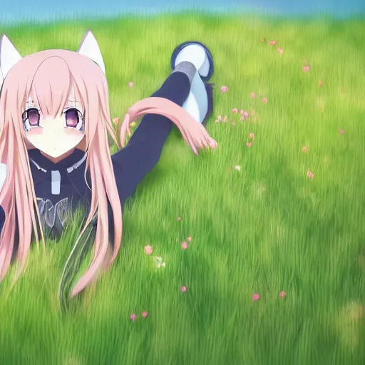 Prompt: 3 d photo of an anime girl with cat ears and long blond hair reaching over to grab grass in her hands, bokeh, shader, anime art style, highly detailed, cel - shaded, colorful, animated, trending