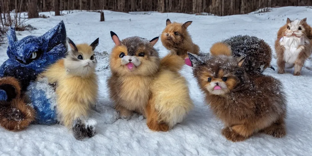 Image similar to real life pokemons, cute!!!, content!!!, mischievous!!!, adorable!!!, fluffy!!!, ultra realistic!!!, winter, blanket of snow, 4 0 0 0 kelvin, golden hour, sharp focus