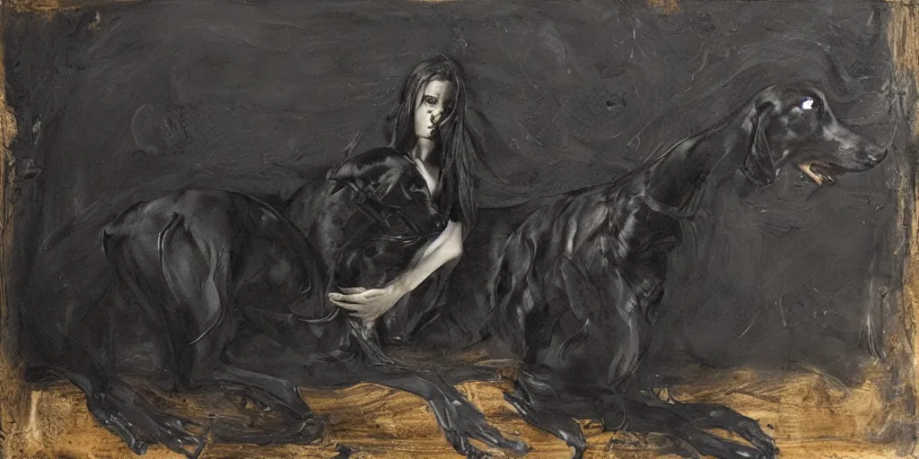 Image similar to a woman sitting with a black greyhound, flowers, dark atmosphere. by nicola samori and jenny saville