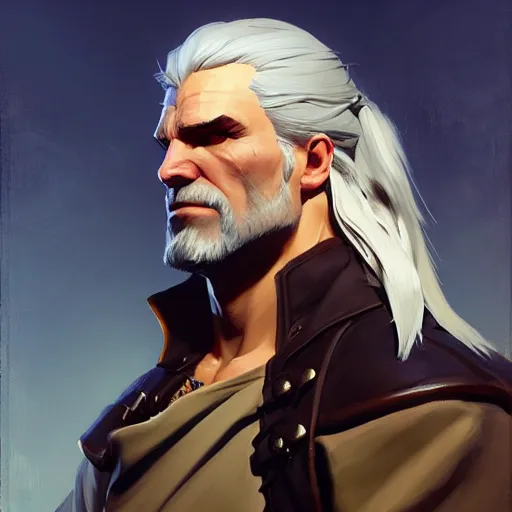 Image similar to Greg Manchess portrait painting of Geralt of Riva as Overwatch character, medium shot, asymmetrical, profile picture, Organic Painting, sunny day, Matte Painting, bold shapes, hard edges, street art, trending on artstation, by Huang Guangjian and Gil Elvgren and Sachin Teng