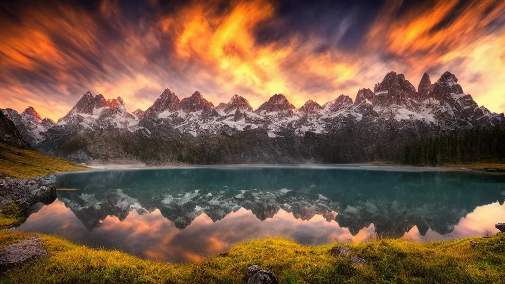 Image similar to amazing landscape photo of mountains with lake in sunset by marc adamus, beautiful dramatic lighting