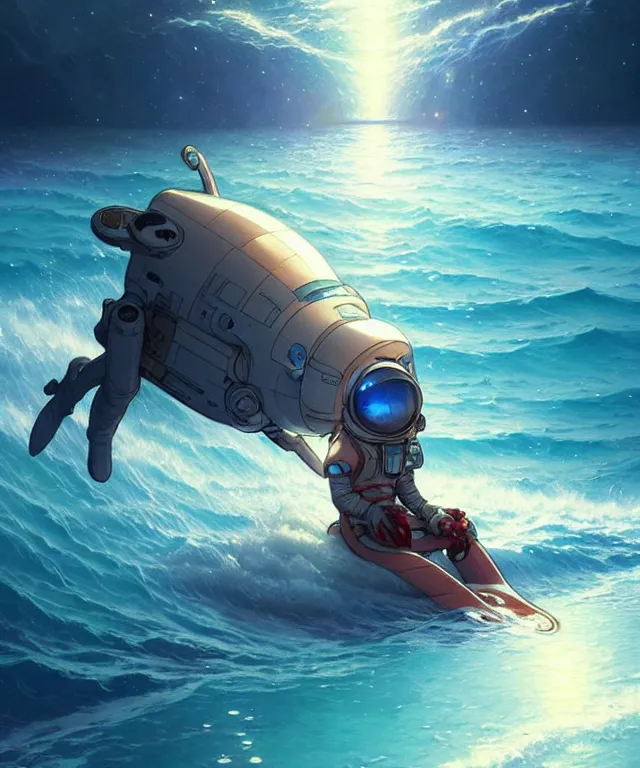 Prompt: Spaceman lost in the ocean, space themed, highly detailed, digital painting, artstation, concept art, smooth, sharp focus, illustration, art by artgerm and greg rutkowski and alphonse mucha