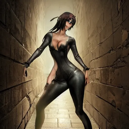 Image similar to a schoolboy and a succubus in a leather suit leaning on a cracked brick wall, devil wings, long hallway, seductive, light at the end of the tunnel, volumetric lighting, concept art, detailed, dramatic lighting, by artgerm