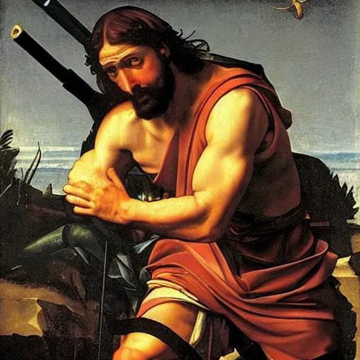 Image similar to Jesus Christ as Rambo a rocket launcher ,Caravaggio