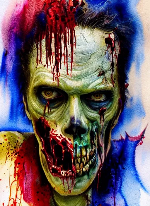 Image similar to zombie hollywood professional acting headshot, hyperrealism, david dennis, snl intermission photo, intricate detailed, studio lighting, charming expression gesicht, hauntingly beautiful zombie, watercolor art, epic, legendary, drawn and painted, colored layers, dulled contrast, exquisite fine art, splatterpaint