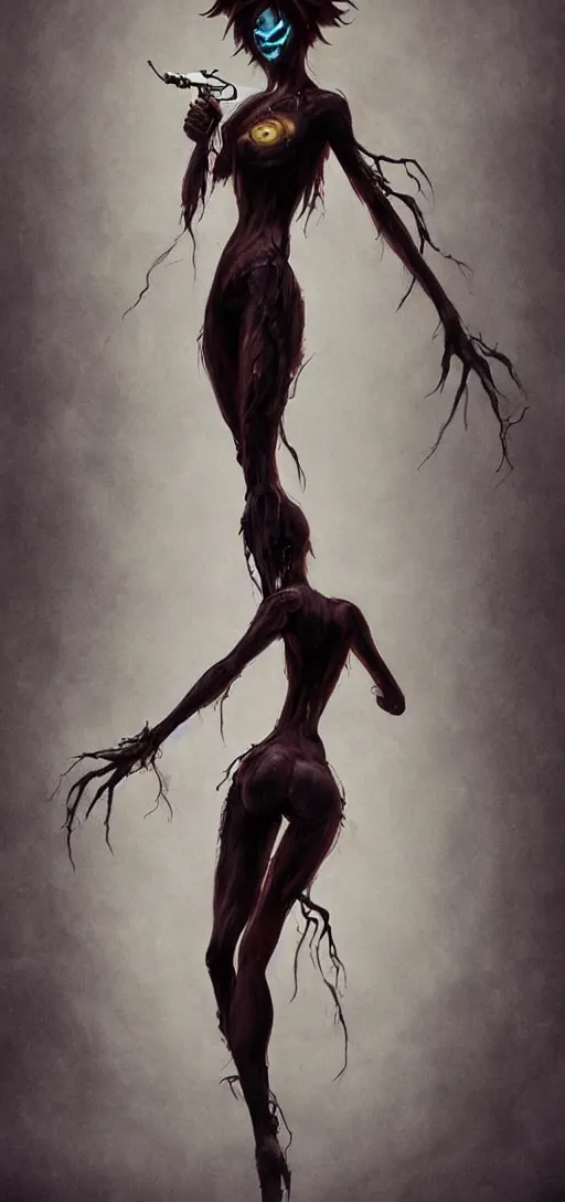 Image similar to dark full body painting of tracer from overwatch, in style of zdzisław beksinski, scary, horror, 4 k, feminine facial features, overwatch tracer character, horror, body horror, disturbing, detailed face, dressed in dark garment, black tendrils, tall, long legs,