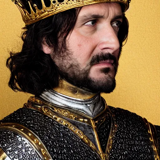 Image similar to richard iv the roman king photo, real human, soft studio lighting, 6 0 mm lens in full armor, cashmere hairs, golden crown