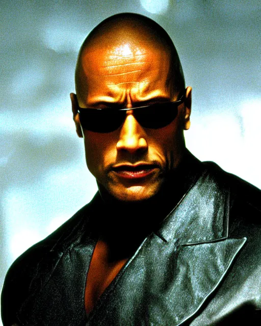 Image similar to film still close up shot of dwayne johnson as morpheus from the movie the matrix. photographic, photography