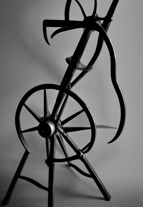 Prompt: a spinning wheel sitting on top of a stool, a surrealist sculpture by marcel duchamp, behance, fluxus, studio portrait, academic art, studio light