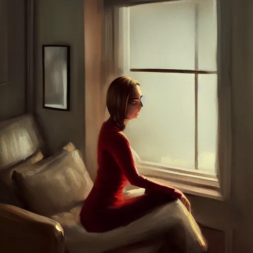 Image similar to oil painting of a beautiful woman in a cozy, comfort home, dimly lit, modern apartment, city from the window, insanely detailed, artstation, digital painting, cinematic lighting