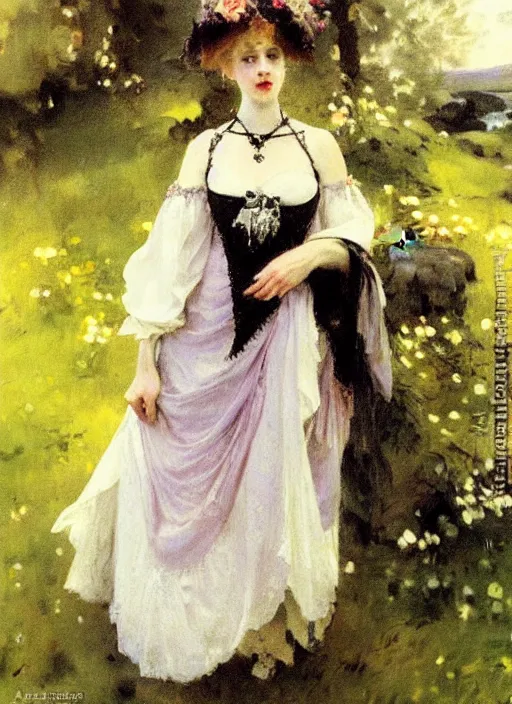 Prompt: gothic princess in baroque dress in a scenic environment. by anders zorn * *