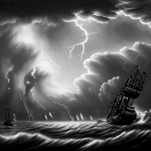 Image similar to a highly detailed hyperrealistic scene of a ship being attacked by giant squid tentacles, jellyfish, squid attack, dark, voluminous clouds, thunder, stormy seas, pirate ship, dark, high contrast, black and white, red, fiery storm