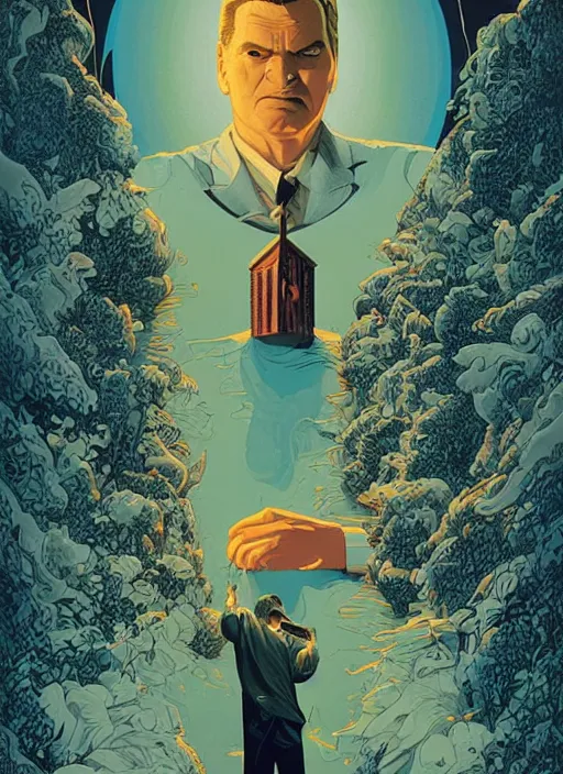 Prompt: poster artwork by Michael Whelan and Tomer Hanuka, Karol Bak of Quentin Tarantino the local video store kerk, from scene from Twin Peaks, clean, simple illustration, nostalgic, domestic, full of details