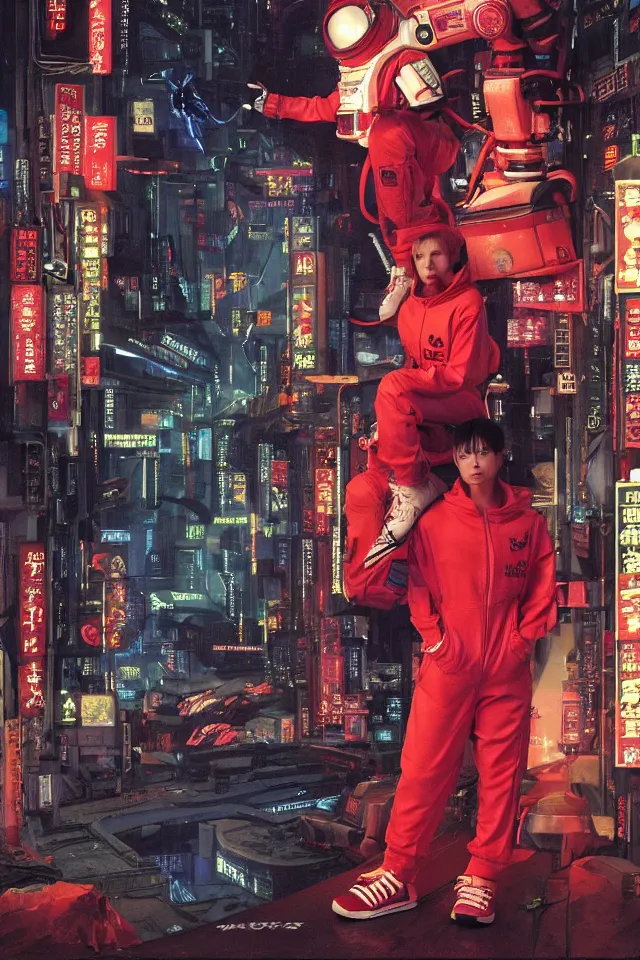 Prompt: CHAPPIE In A Red Adidas Track Suit In Neo Tokyo with Die Antwoord, full figures, stormy weather, extremely detailed masterpiece, low-key neon lighting, artstation, 2001: A Space Odyssey, Roger Deakin’s cinematography, by J. C. Leyendecker and Peter Paul Rubens and Edward Hopper and Michael Sowa