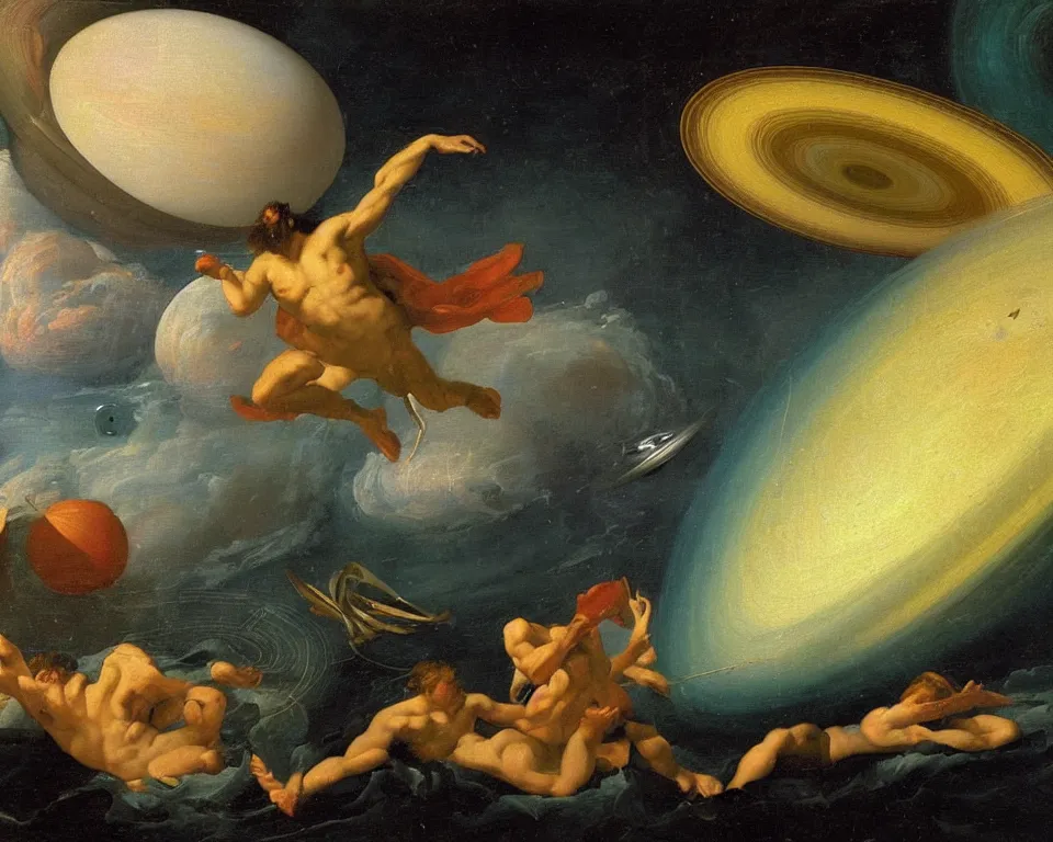 Prompt: an achingly beautiful oil painting of the planet Saturn colliding with the Poseidon by Raphael and Hopper.