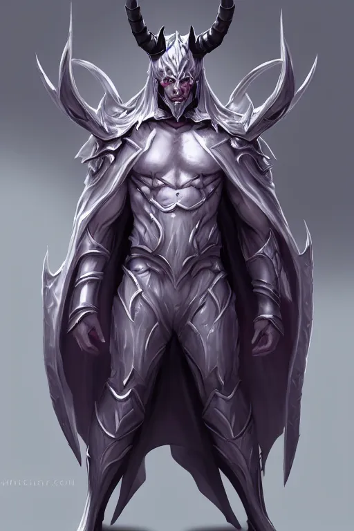 Image similar to human male demon, full body white purple cloak, hero, heavy scale armor, character concept art, costume design, black eyes, white horns, trending on artstation, Artgerm , WLOP