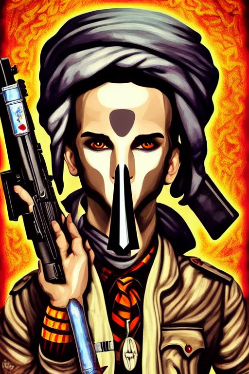 Image similar to taliban eat goats pop art, pixel, bioshock art style, face features, body features, ultra realistic art, digital painting, concept art, smooth, sharp focus, illustration, intricate, without duplication, elegant, confident posse, art by artgerm and richard hamilton and mimmo rottela, kirokaze and paul robertson